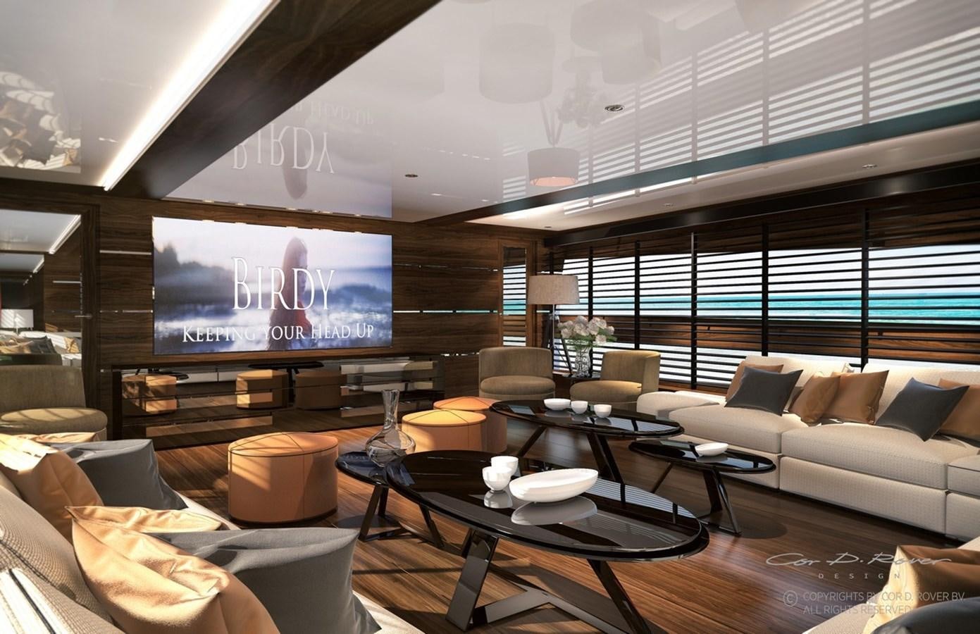 a living room with a large screen aboard HORIZON FD130 Yacht for Sale