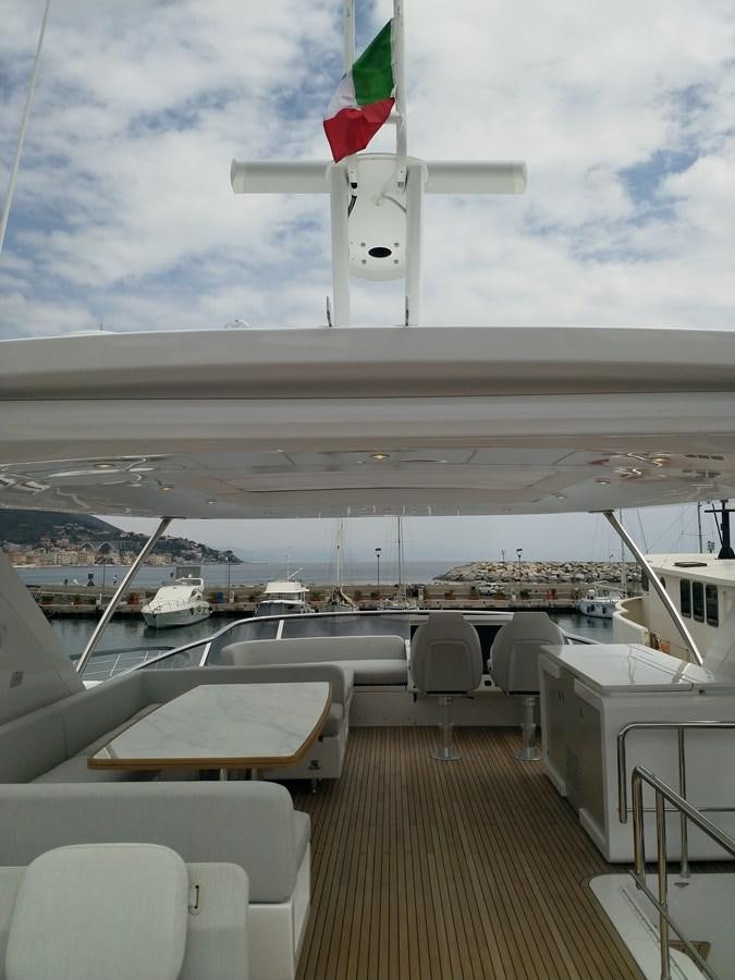 a view of a boat deck and a flag on the deck aboard BLUE Yacht for Sale