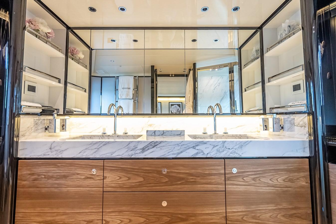 a kitchen with a large countertop aboard AQUARIUS Yacht for Sale
