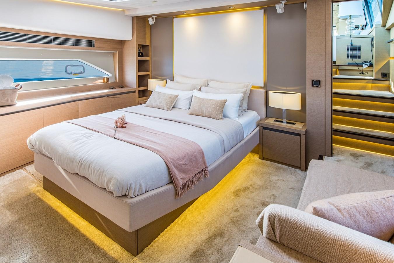 a bed in a hotel room aboard BLUE M Yacht for Sale