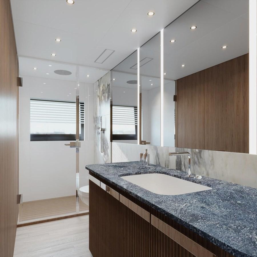 a bathroom with a large countertop aboard COSMICO Yacht for Sale