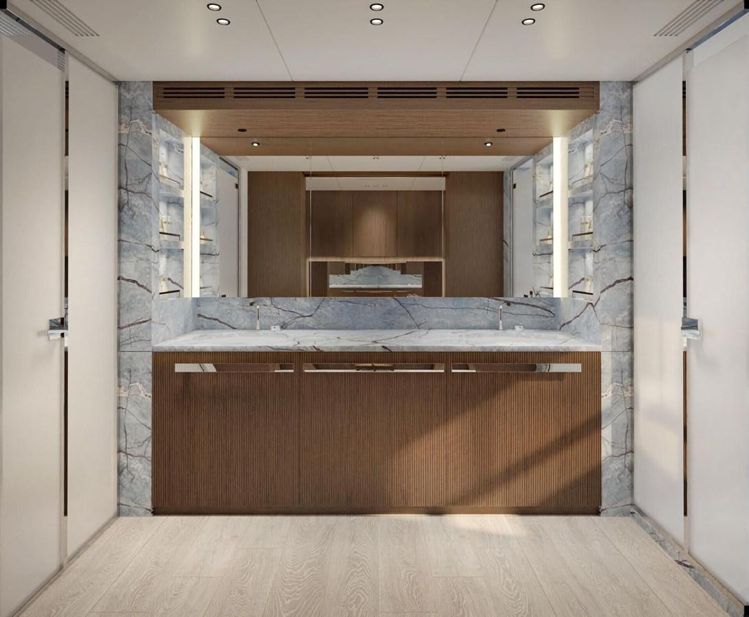 a kitchen with a counter and cabinets aboard COSMICO Yacht for Sale