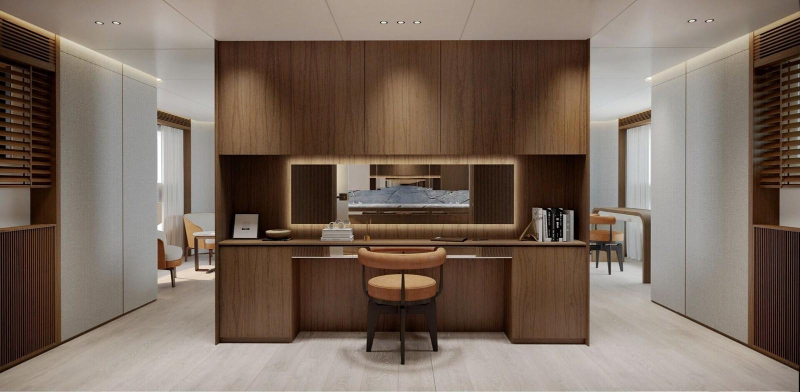 a room with a desk and chairs aboard COSMICO Yacht for Sale