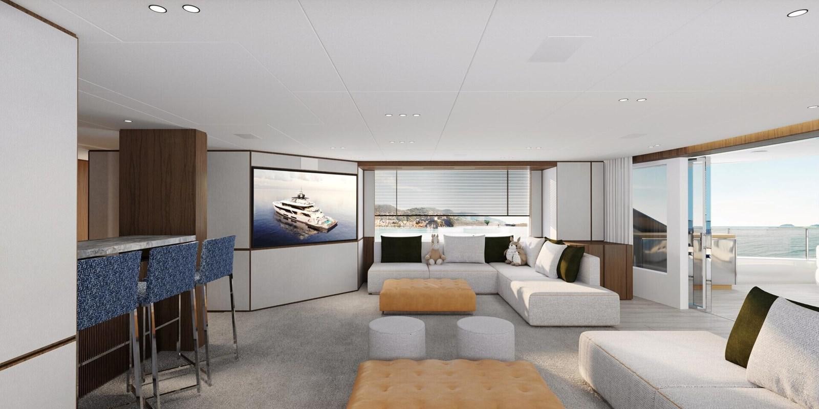 a living room with a large window aboard COSMICO Yacht for Sale
