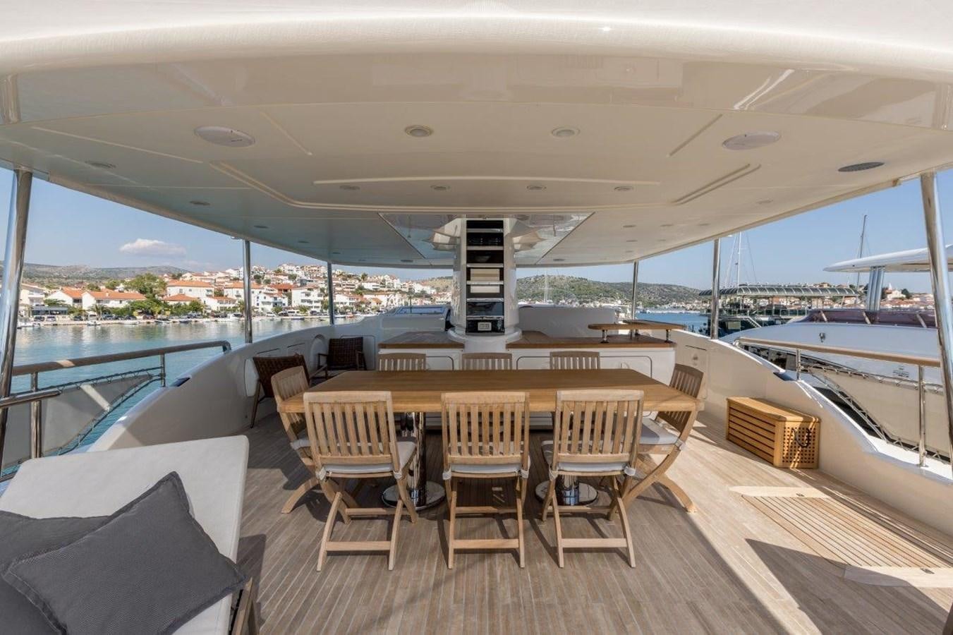 a room with a table chairs and a view of the water aboard SANLORENZO SD 92 Yacht for Sale