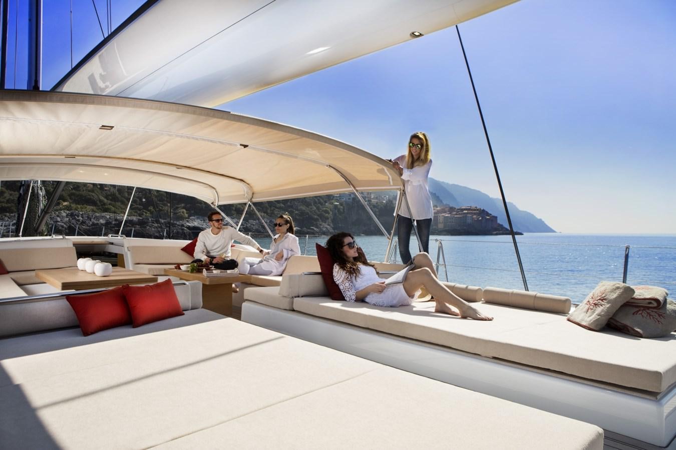 a group of people sitting on a boat aboard CROSSBOW Yacht for Sale