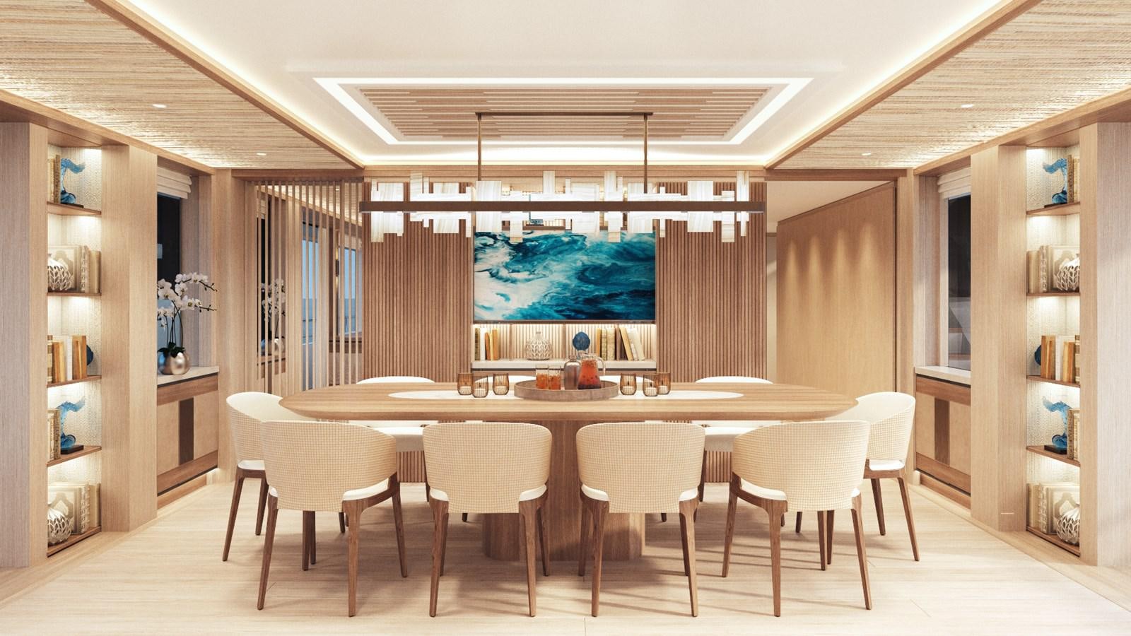 a room with a table and chairs aboard MOONEN 122 MARTINIQUE Yacht for Sale