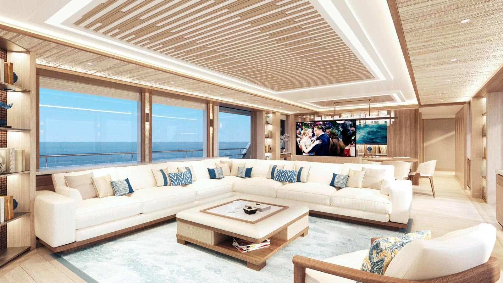 a living room with a large white sofa and a large window aboard MOONEN 122 MARTINIQUE Yacht for Sale