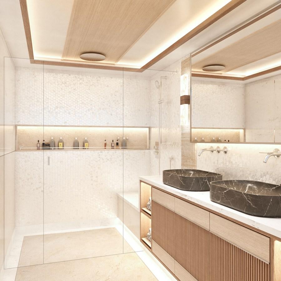 a modern bathroom with a large sink aboard MOONEN 122 MARTINIQUE Yacht for Sale