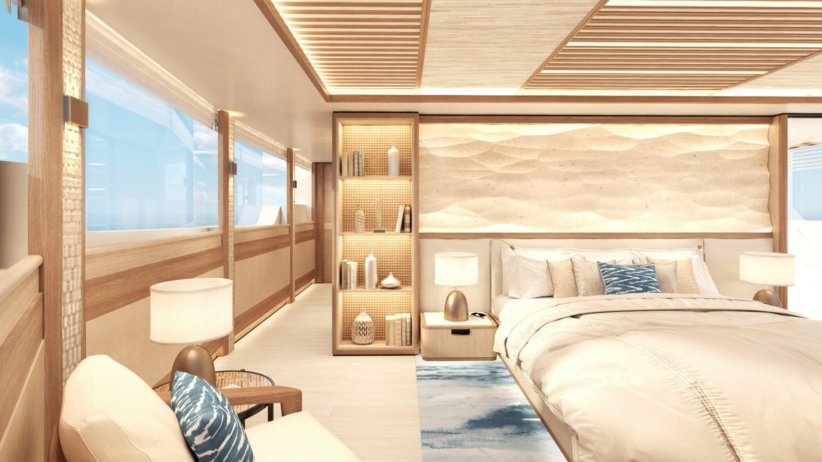 a room with a bed and a shelf with books on it aboard MOONEN 122 MARTINIQUE Yacht for Sale