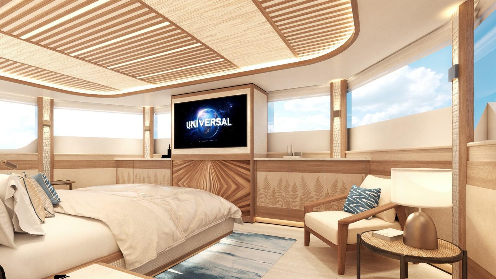 a room with a bed and a television aboard MOONEN 122 MARTINIQUE Yacht for Sale