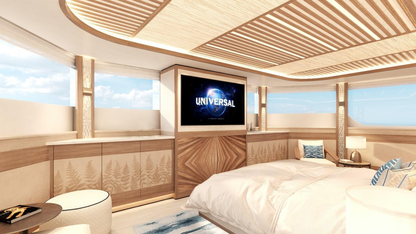 a room with a bed and a television aboard MOONEN 122 MARTINIQUE Yacht for Sale