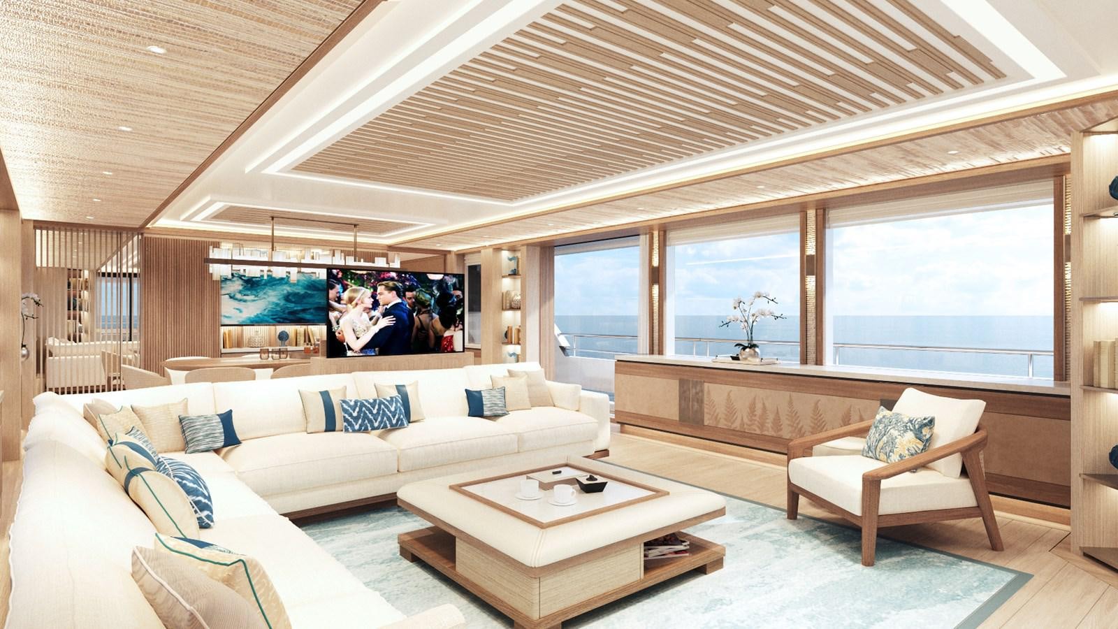 a living room with a large window aboard MOONEN 122 MARTINIQUE Yacht for Sale