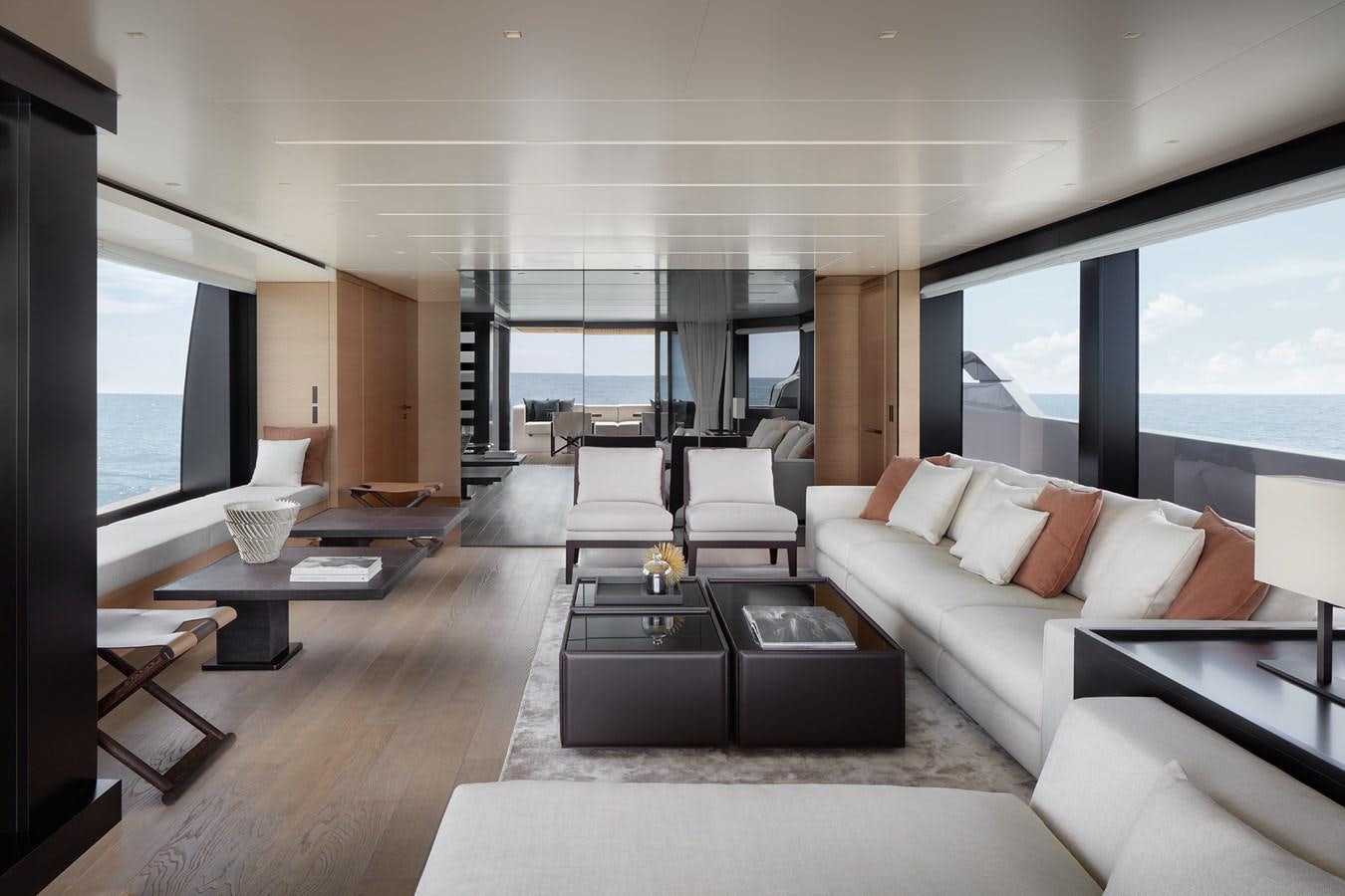 a living room with a large window aboard STRADODO Yacht for Sale
