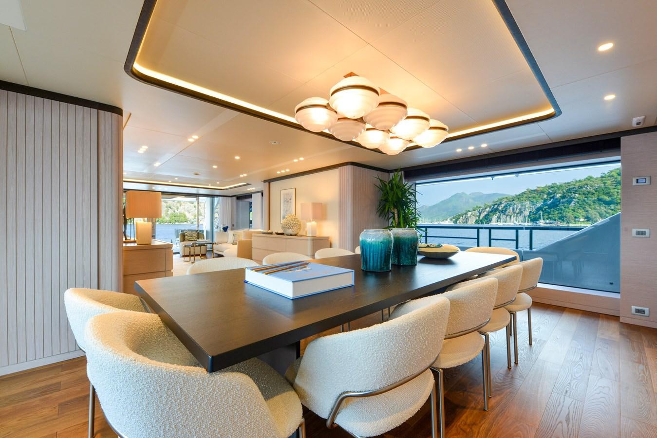 a large kitchen with a large island aboard MINE GAMES Yacht for Sale