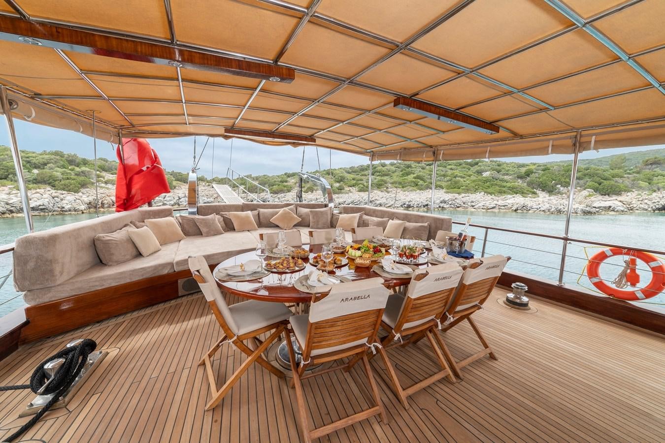 a table set for a meal on a boat aboard ARABELLA Yacht for Sale