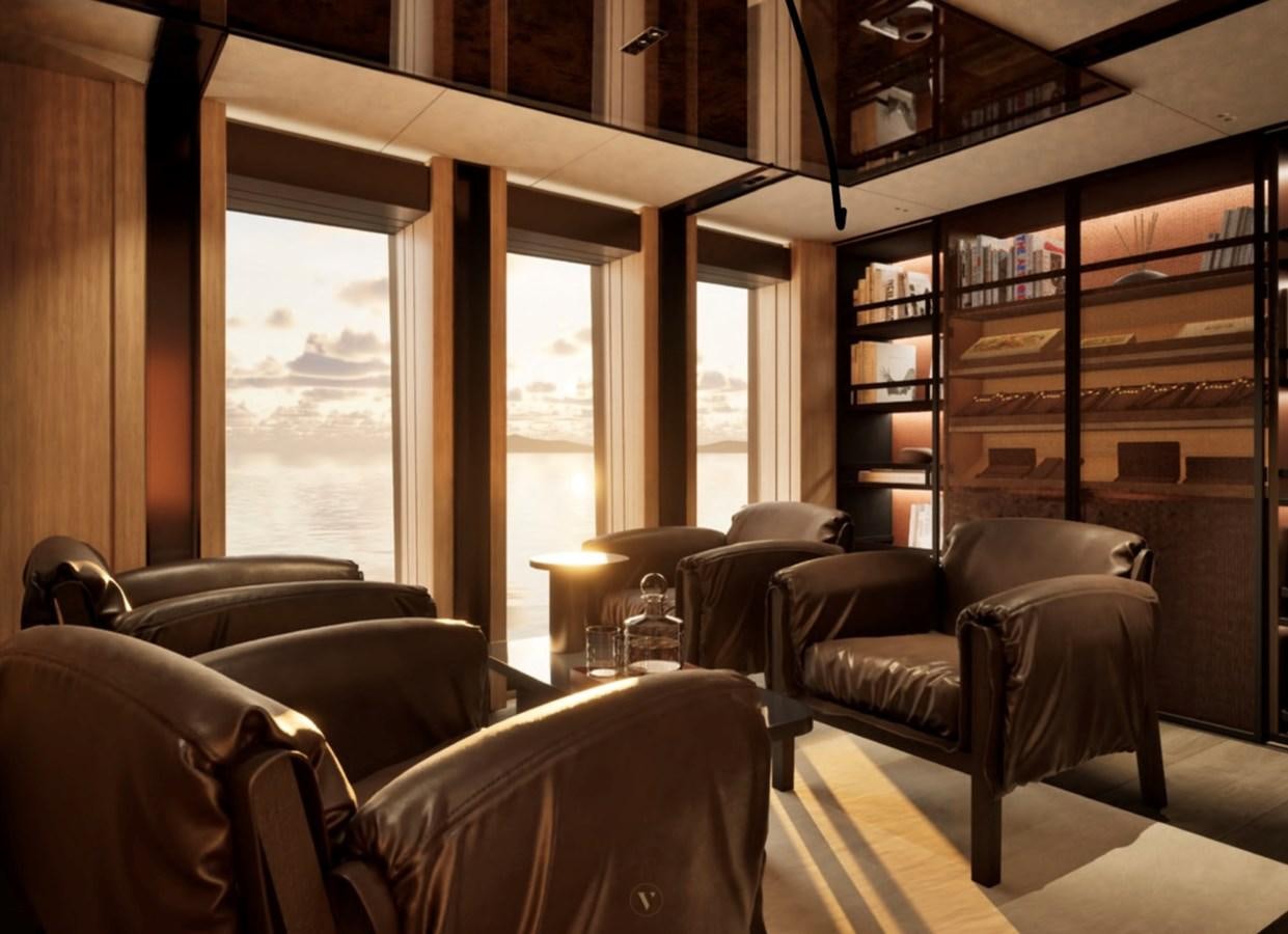 a room with a bookcase and chairs aboard PROJECT ICE Yacht for Sale