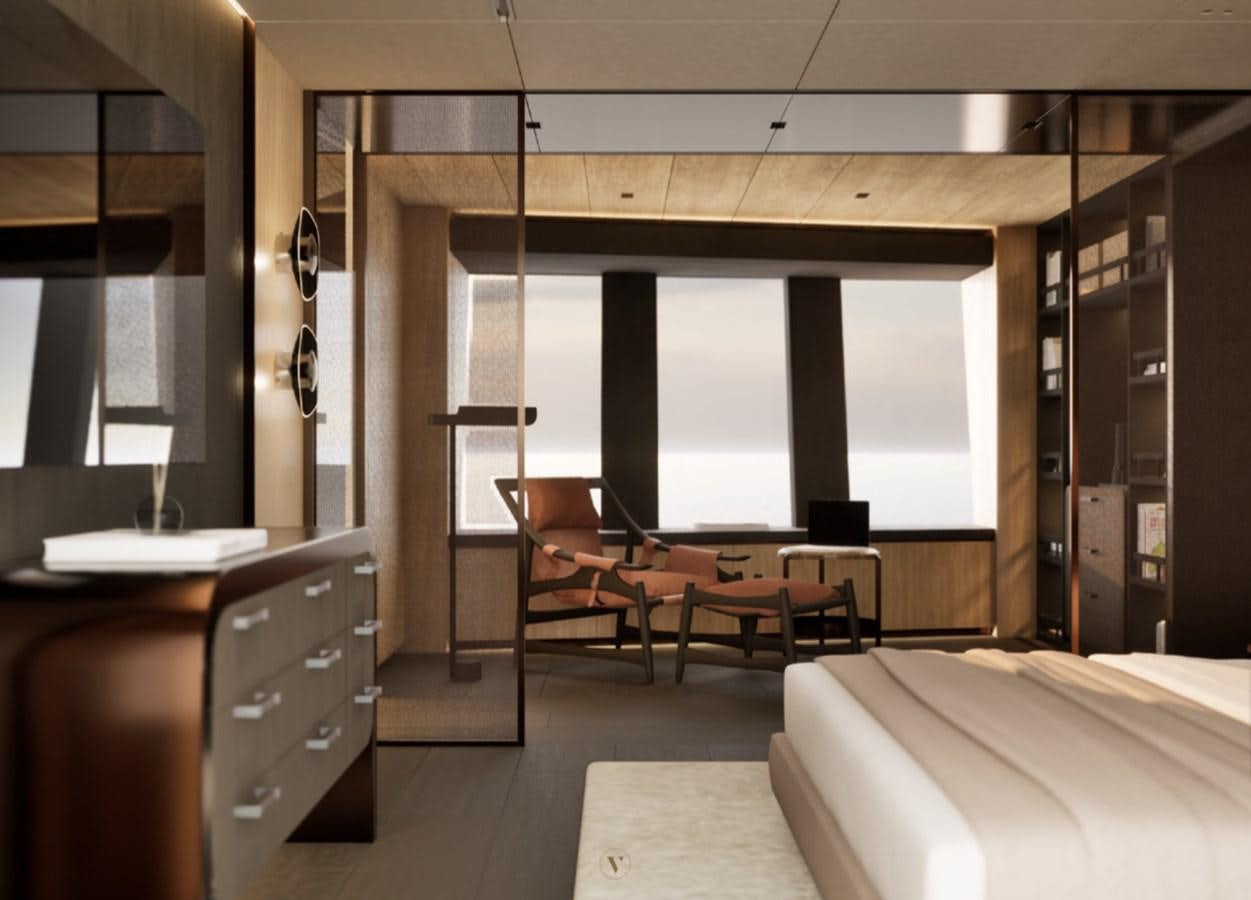 a room with a bed and a desk aboard PROJECT ICE Yacht for Sale