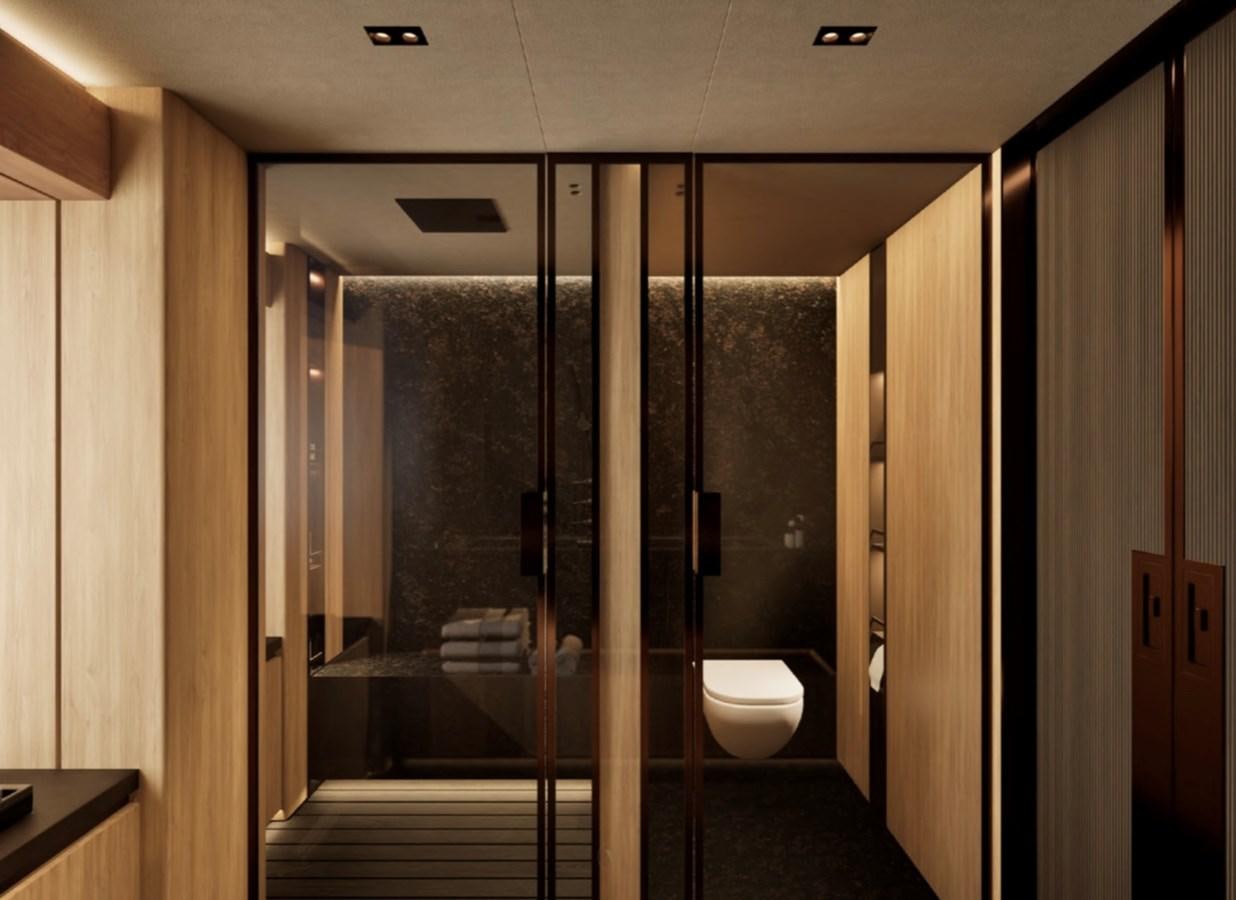 a bathroom with a glass shower aboard PROJECT ICE Yacht for Sale
