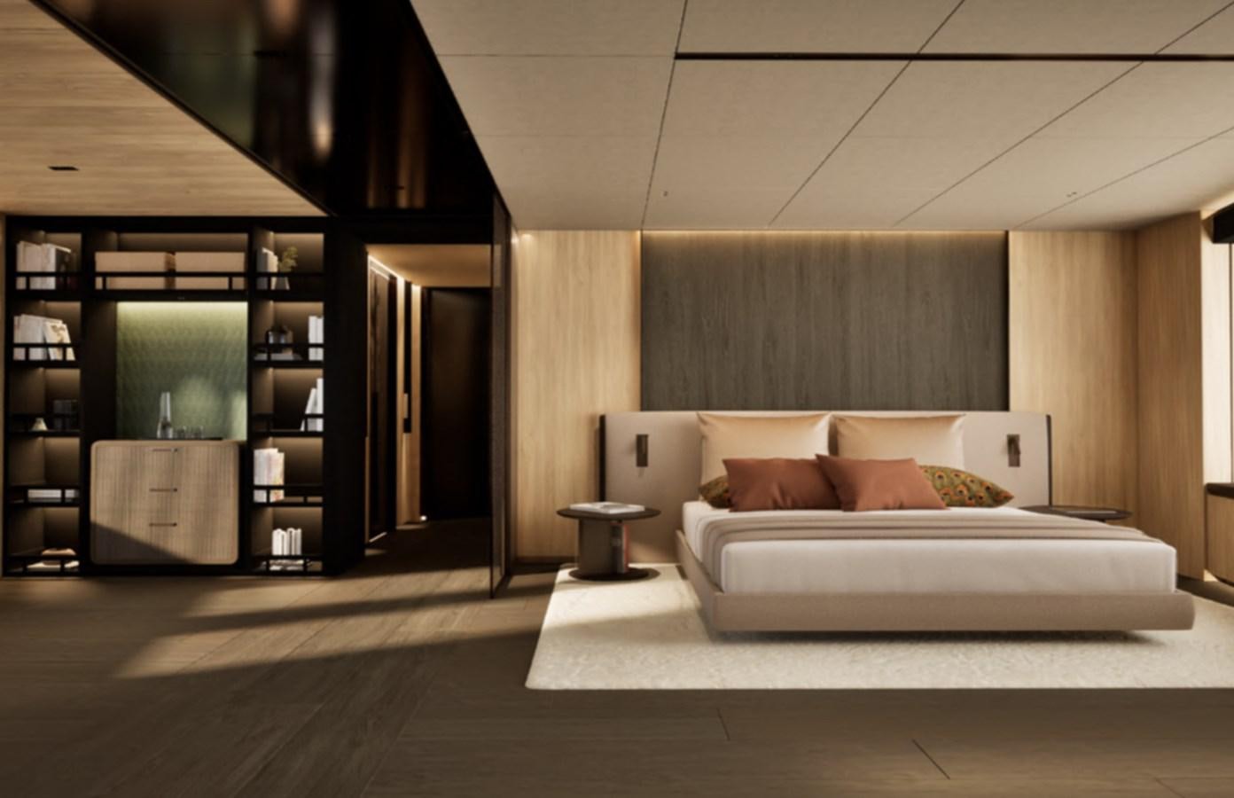 a room with a bed and a bookcase aboard PROJECT ICE Yacht for Sale