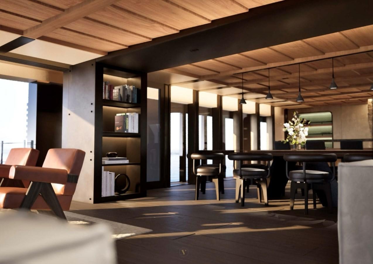 a room with a table and chairs aboard PROJECT ICE Yacht for Sale