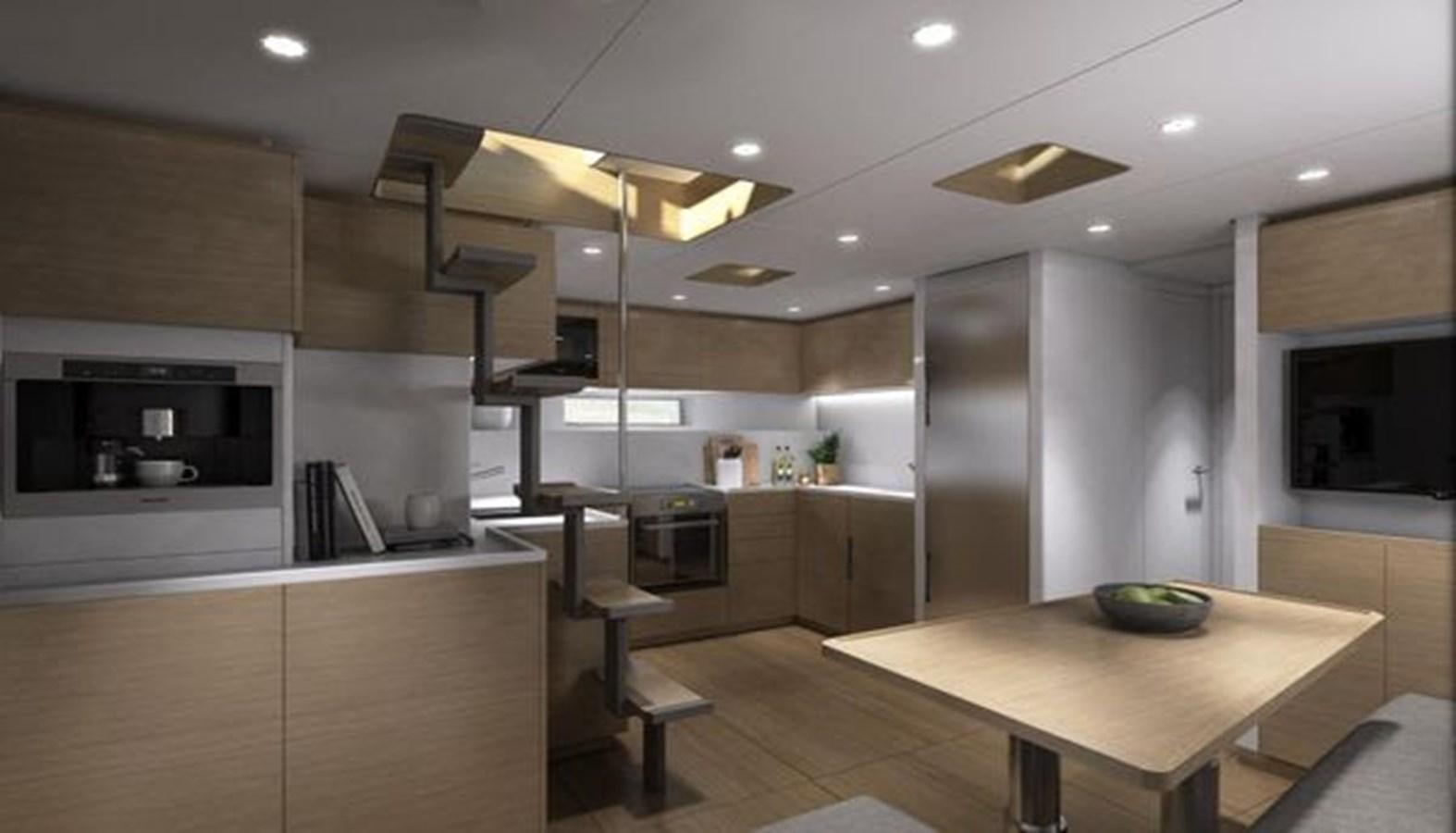 a kitchen with a table and a microwave aboard 2024 MCP SILVER BULLET 100 Yacht for Sale