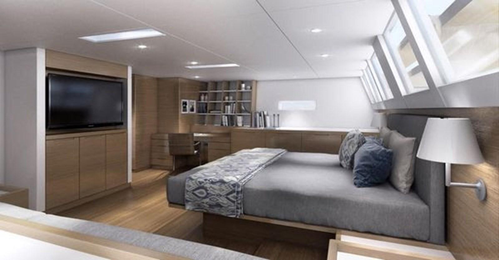 a bedroom with a bed and a tv aboard 2024 MCP SILVER BULLET 100 Yacht for Sale