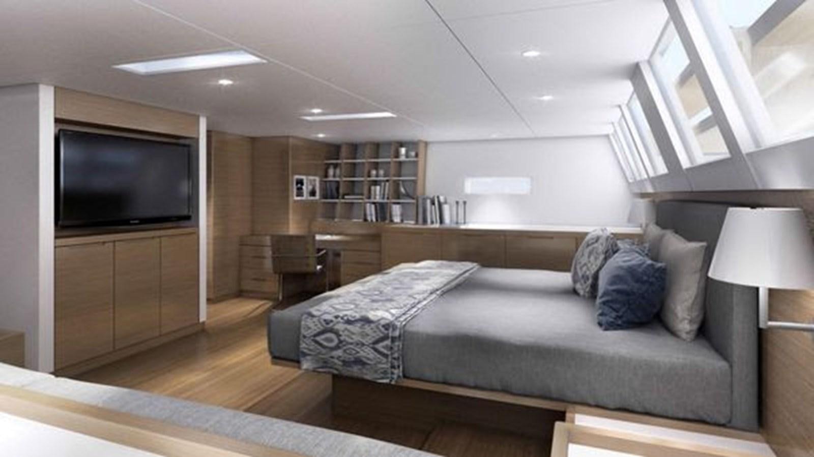a large bedroom with a large bed aboard 2024 MCP SILVER BULLET 100 Yacht for Sale