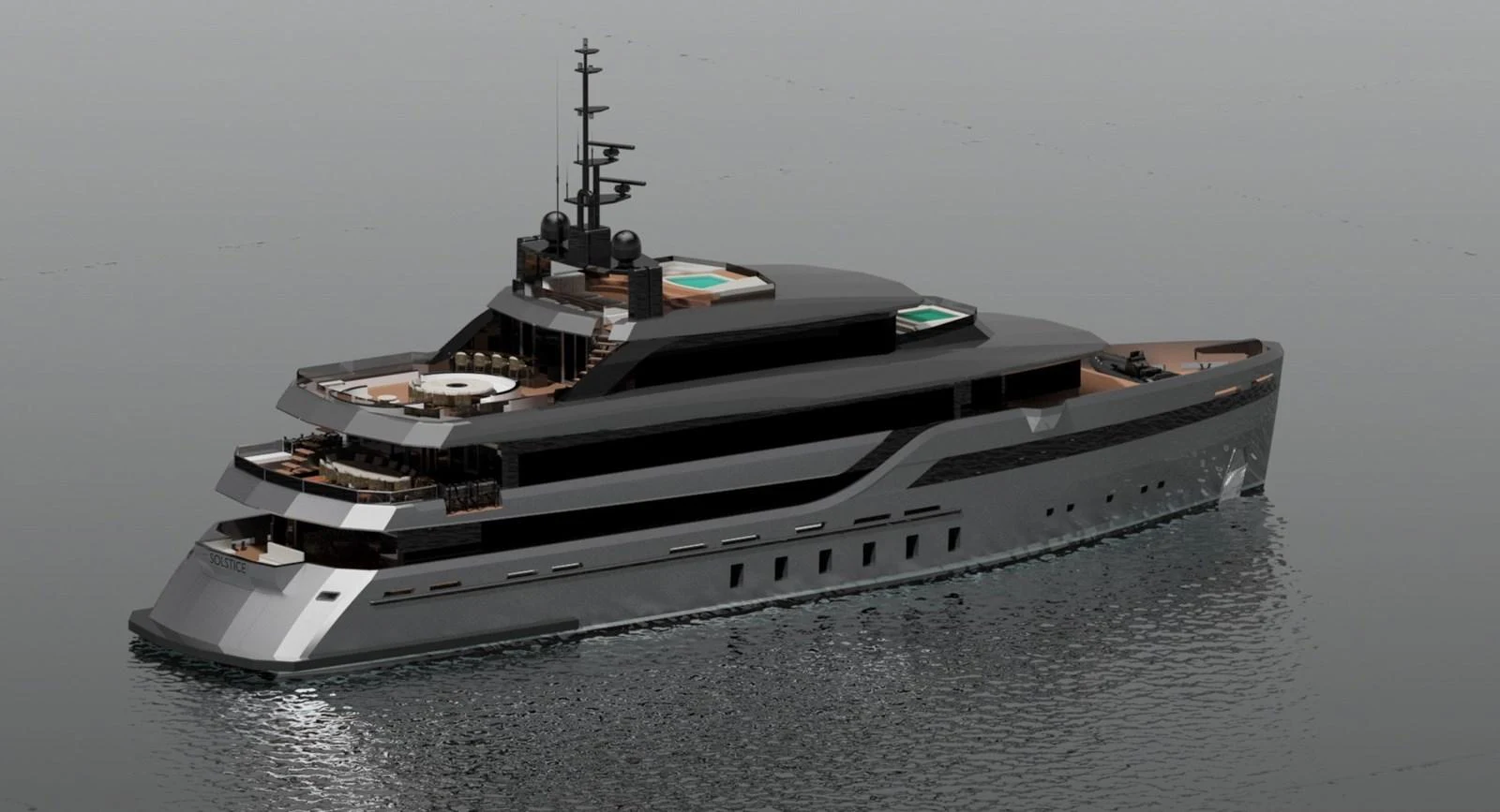 a black and white boat aboard SOLSTICE Yacht for Sale
