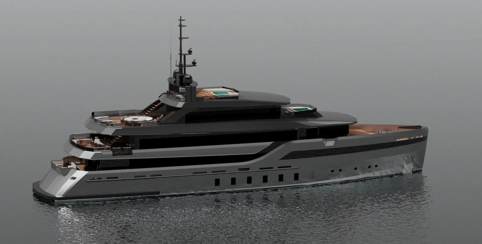 a black and white model ship aboard SOLSTICE Yacht for Sale