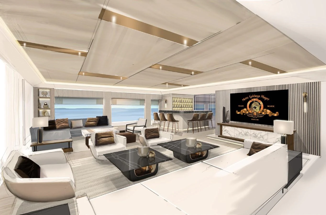 a living room with a large screen aboard SOLSTICE Yacht for Sale