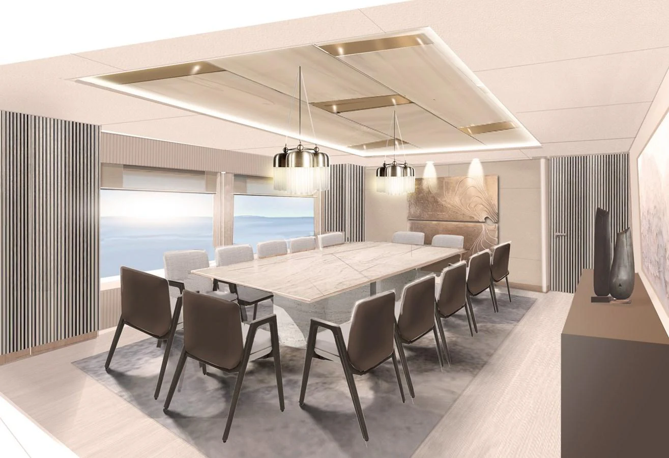 a room with a table and chairs aboard SOLSTICE Yacht for Sale