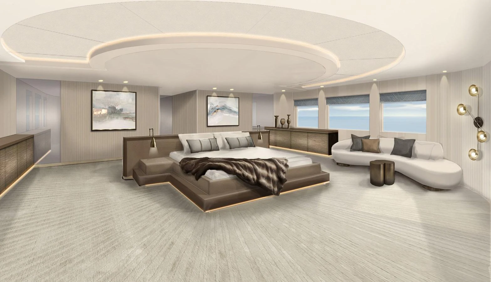 a large living room with a large bed and a large window aboard SOLSTICE Yacht for Sale
