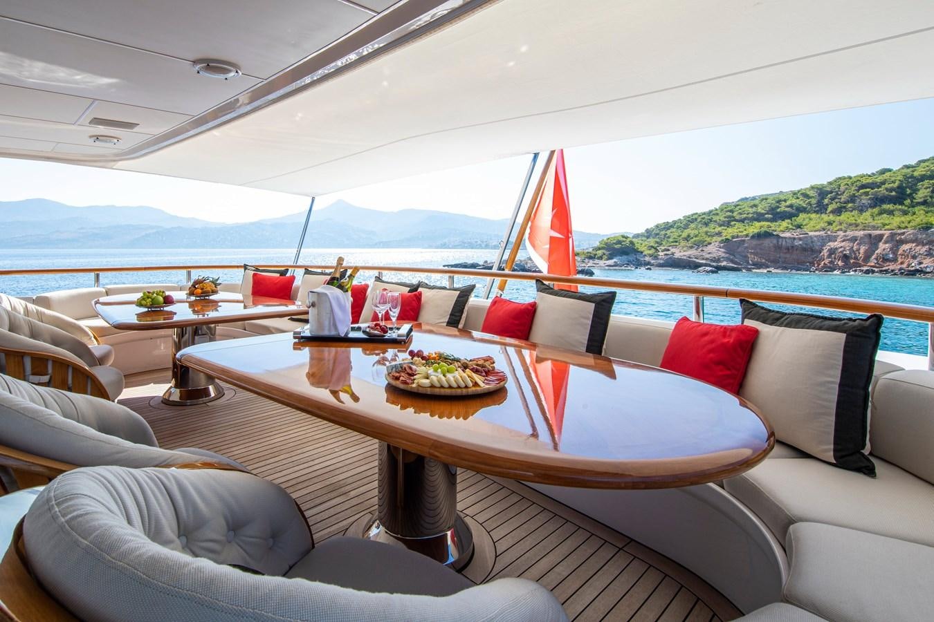 a table with food on it aboard ILLUSION I Yacht for Sale