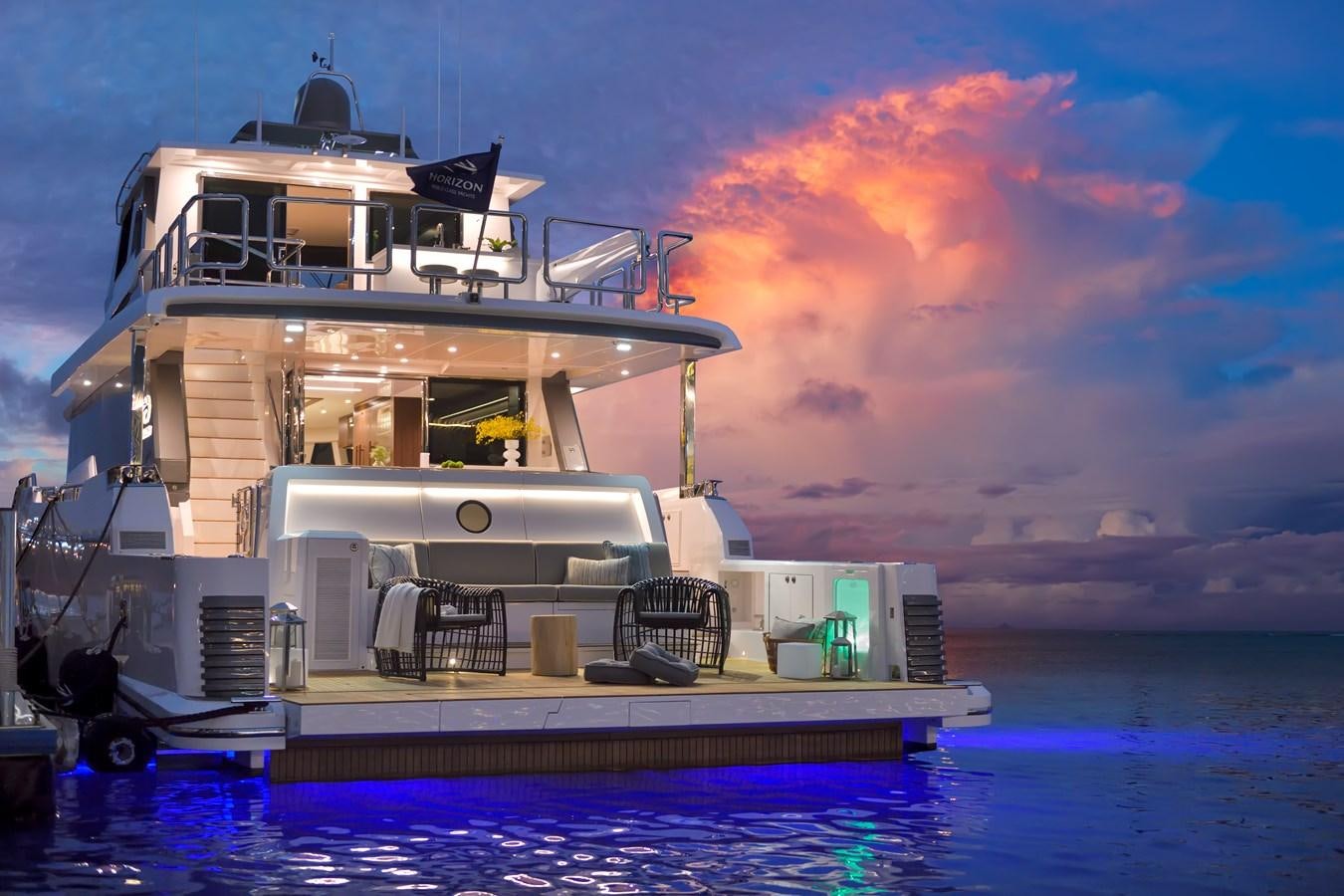 a boat on the water aboard HORIZON V77 CMY / AVAILABLE NOW Yacht for Sale