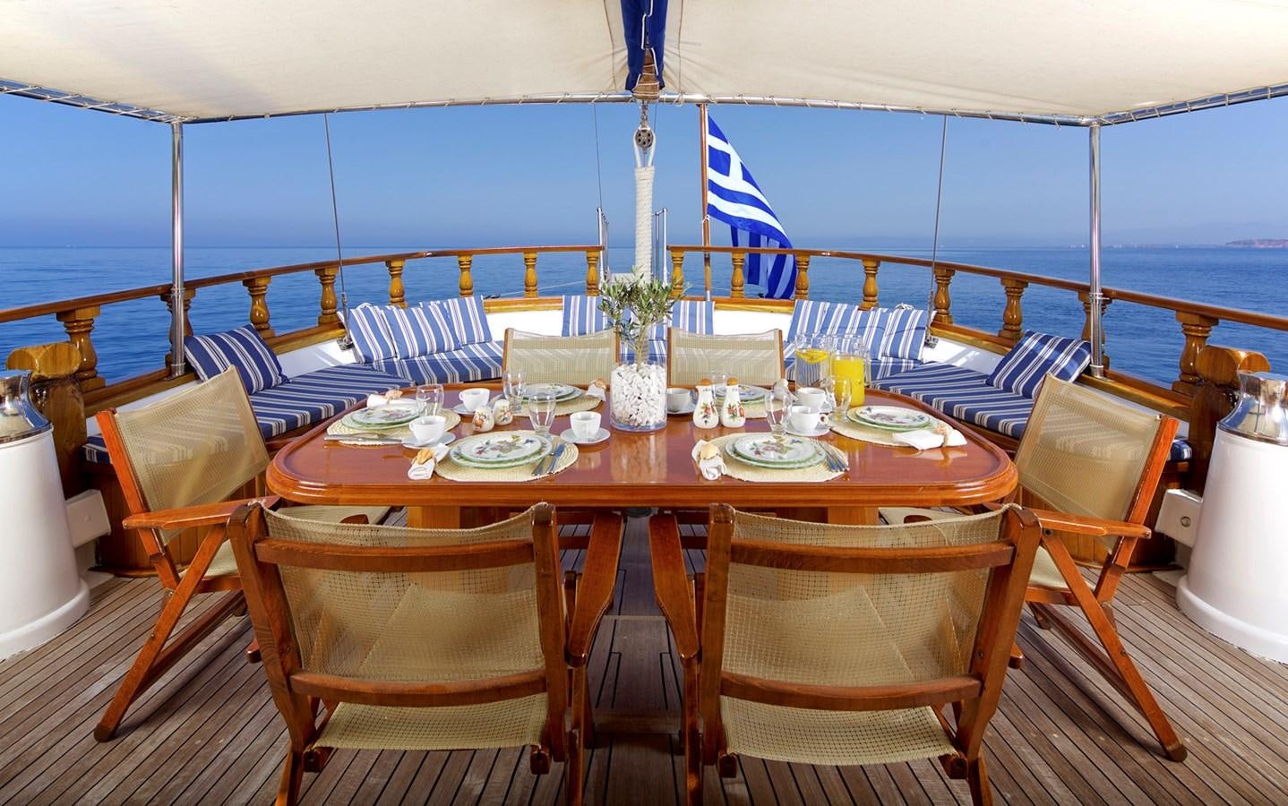 a table set for a meal on a boat aboard HERMINA Yacht for Sale