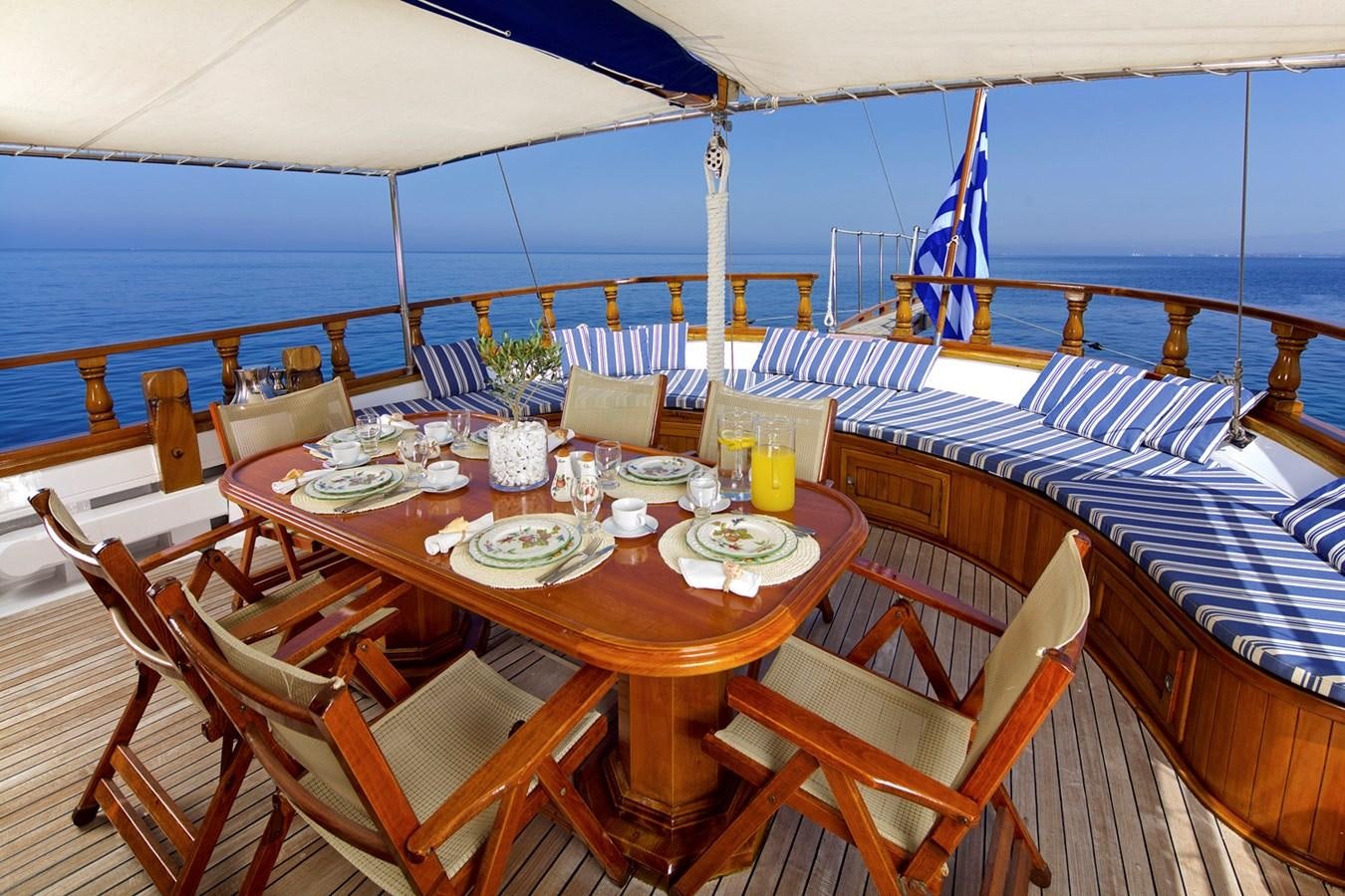 a table set for a meal on a boat aboard HERMINA Yacht for Sale