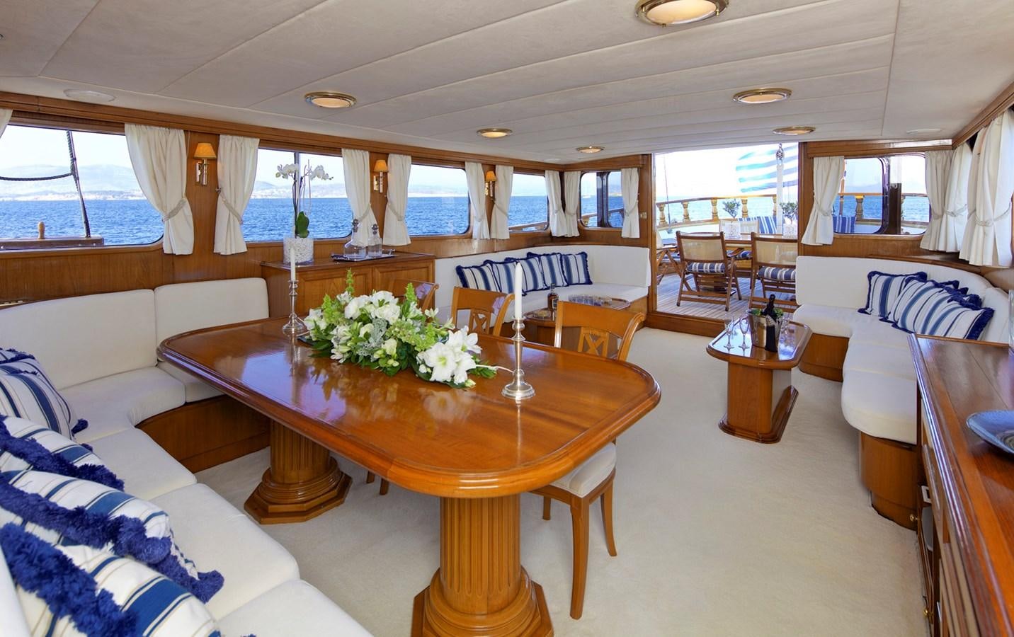 a room with a table and chairs aboard HERMINA Yacht for Sale