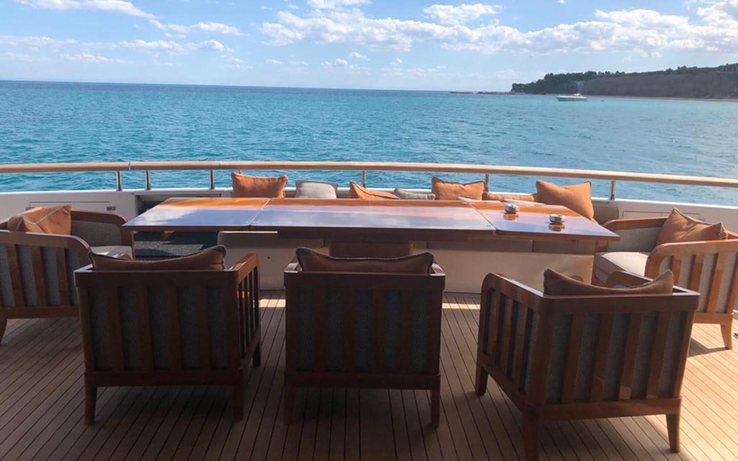 a group of chairs on a deck overlooking a body of water aboard ZOO Yacht for Sale