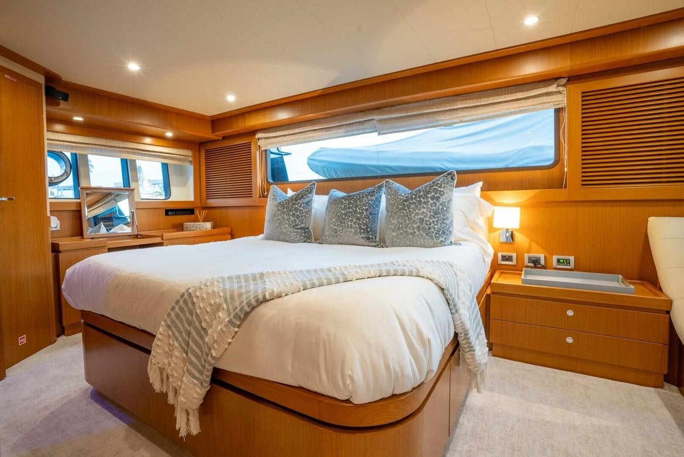 a bed with a white comforter aboard ALTURA 840 Yacht for Sale