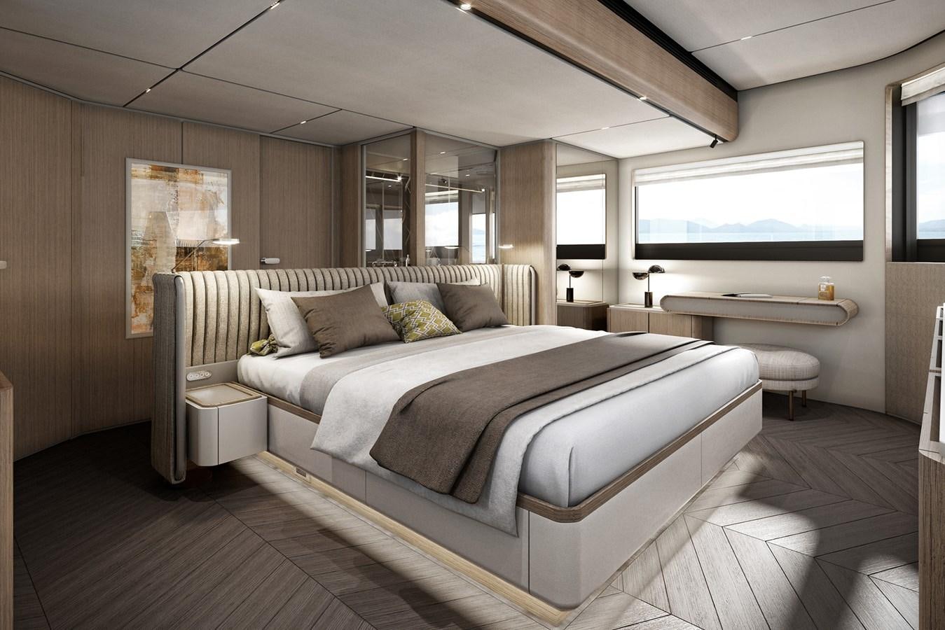 a large bedroom with a large bed aboard FERRETTI  INFYNITO 90 Yacht for Sale