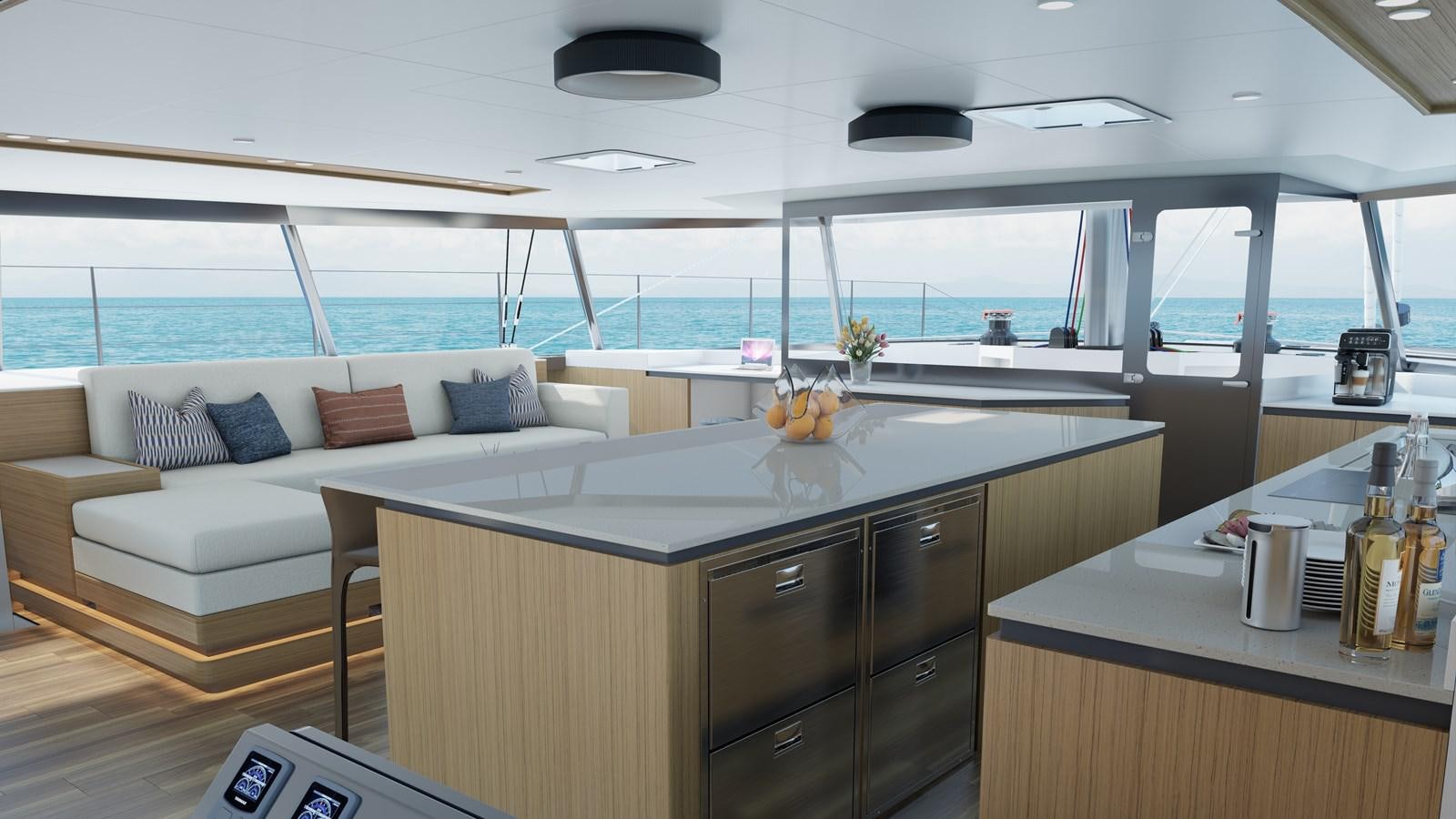 a kitchen with a large window overlooking the ocean aboard BALANCE 750 Yacht for Sale