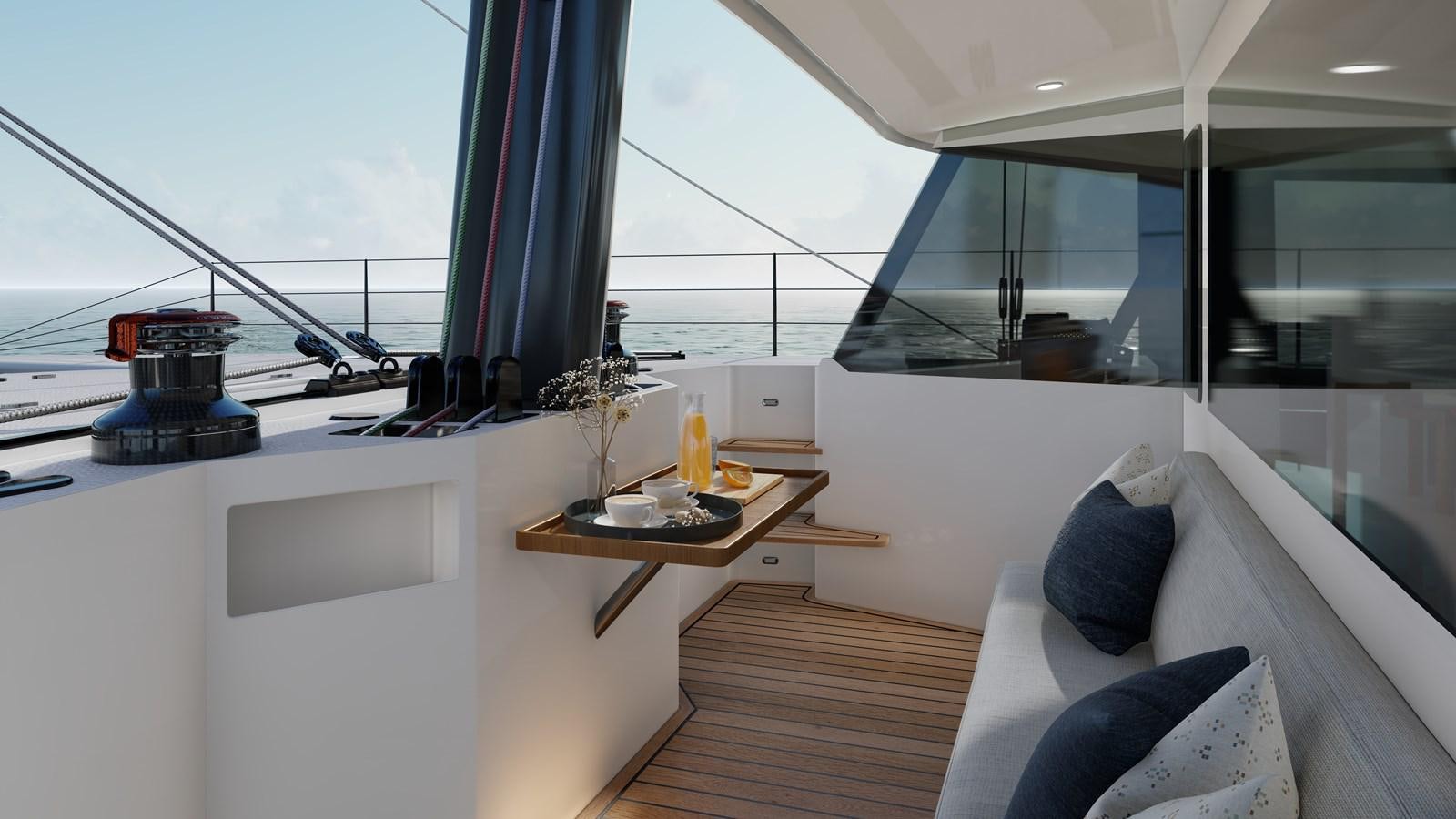 inside of a room with a couch and a table with a plant on it aboard BALANCE 750 Yacht for Sale