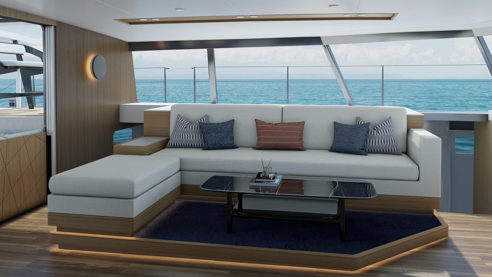 a living room with a large window aboard BALANCE 750 Yacht for Sale