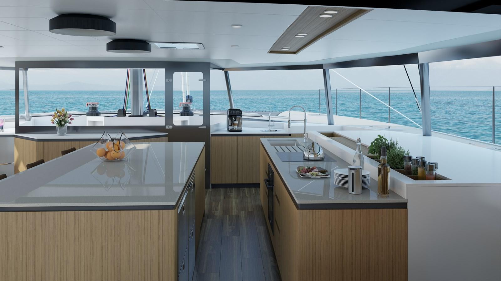 a kitchen with a view of the ocean aboard BALANCE 750 Yacht for Sale