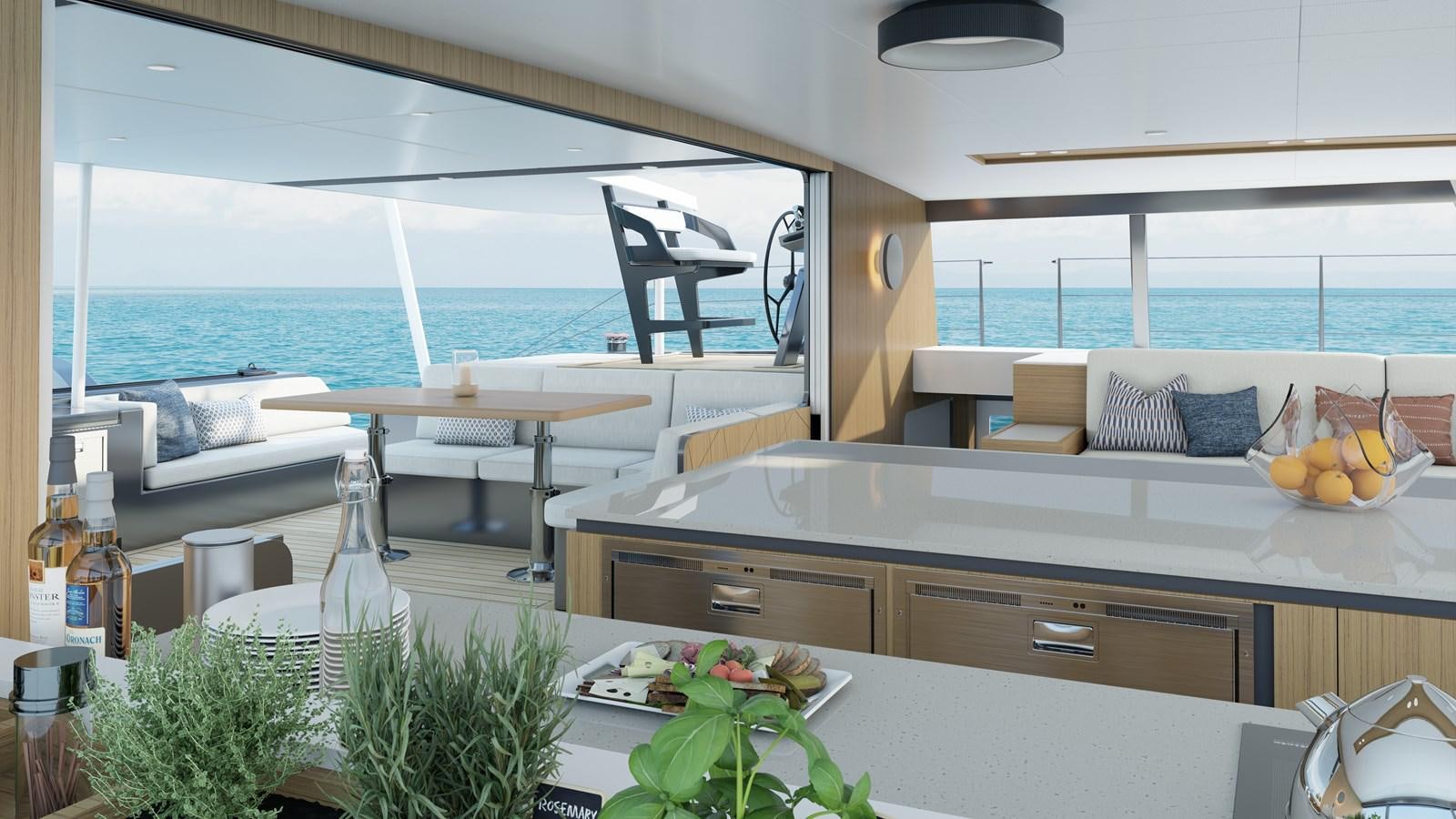 a room with a large window and a table with chairs and plants aboard BALANCE 750 Yacht for Sale