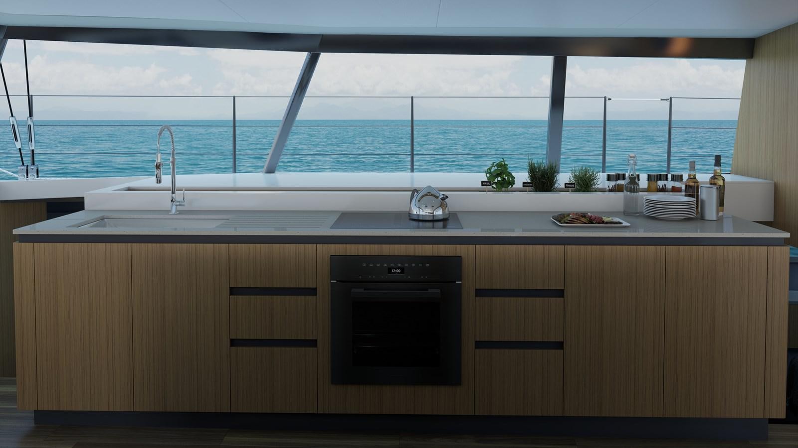 a kitchen with a view of the ocean aboard BALANCE 750 Yacht for Sale
