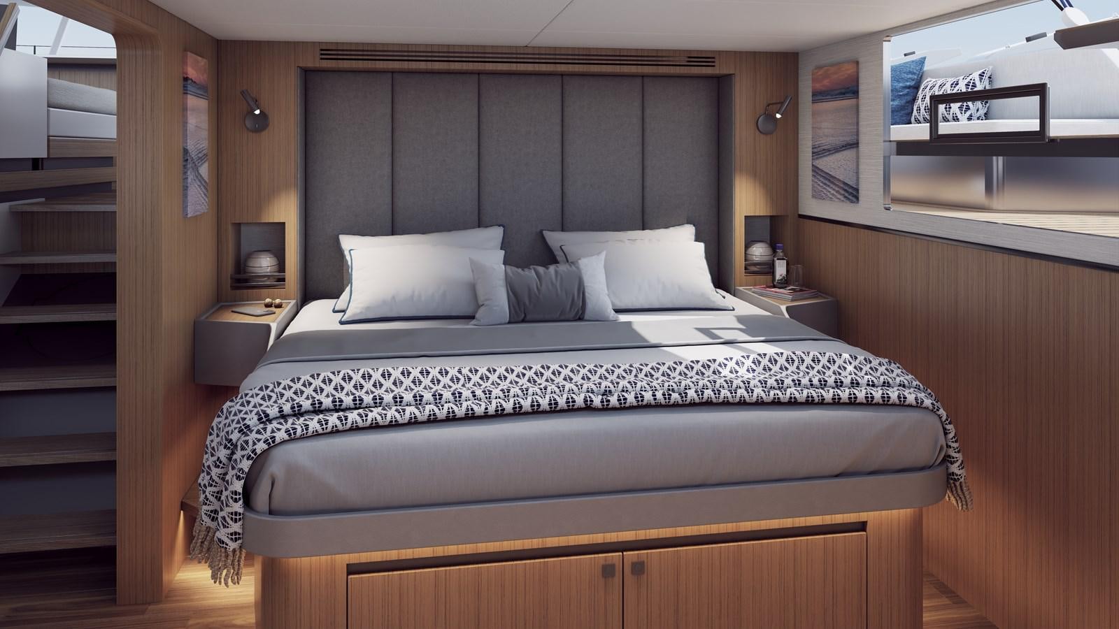a bed with white sheets aboard BALANCE 750 Yacht for Sale
