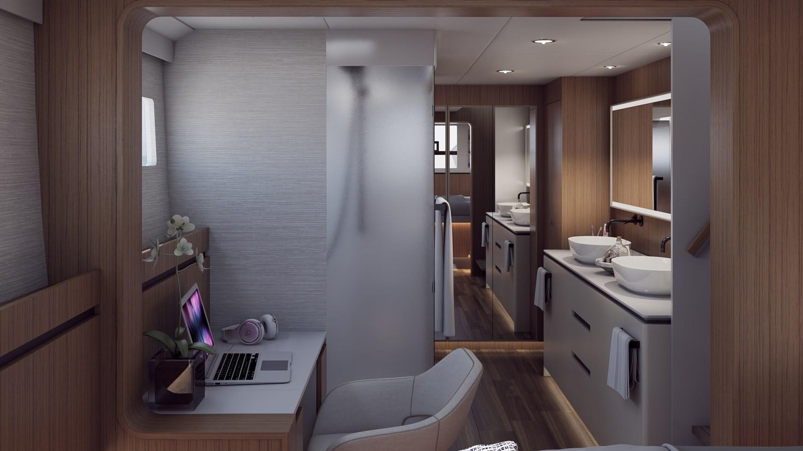 a bathroom with a sink and a shower curtain aboard BALANCE 750 Yacht for Sale