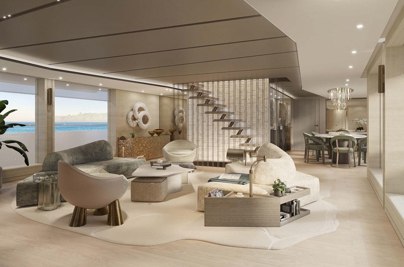 a large living room with a large open window aboard PROJECT SECRET Yacht for Sale